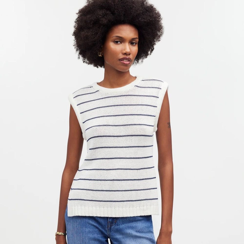Madewell NWT Puff Trim Sweater Vest Size Small in Stripe in Bright Ivory